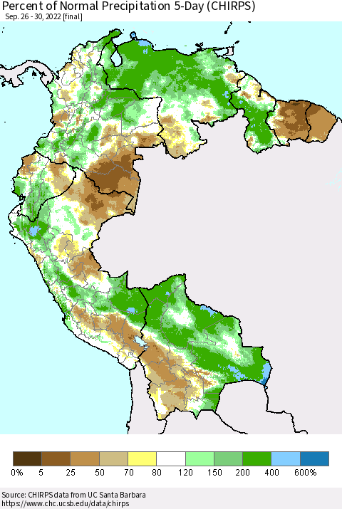 Northern South America Percent of Normal Precipitation 5-Day (CHIRPS) Thematic Map For 9/26/2022 - 9/30/2022