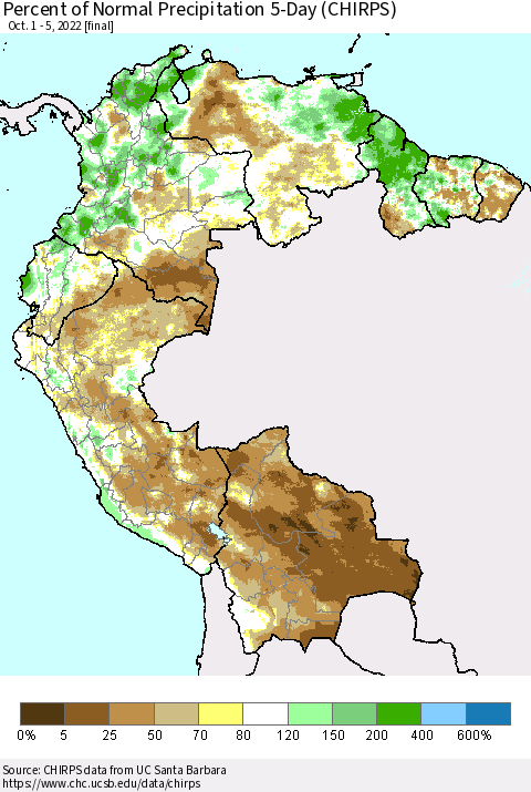 Northern South America Percent of Normal Precipitation 5-Day (CHIRPS) Thematic Map For 10/1/2022 - 10/5/2022