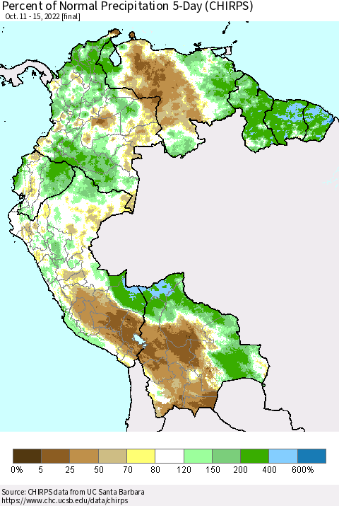 Northern South America Percent of Normal Precipitation 5-Day (CHIRPS) Thematic Map For 10/11/2022 - 10/15/2022
