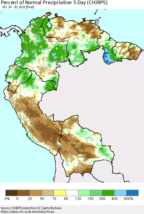 Northern South America Percent of Normal Precipitation 5-Day (CHIRPS) Thematic Map For 10/16/2022 - 10/20/2022
