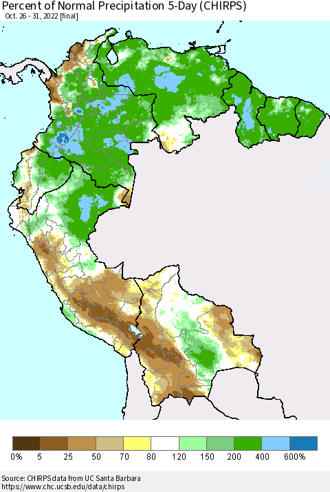 Northern South America Percent of Normal Precipitation 5-Day (CHIRPS) Thematic Map For 10/26/2022 - 10/31/2022