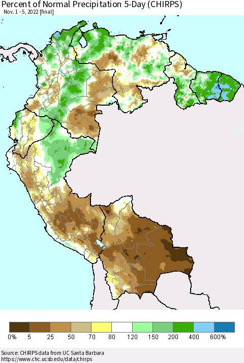 Northern South America Percent of Normal Precipitation 5-Day (CHIRPS) Thematic Map For 11/1/2022 - 11/5/2022