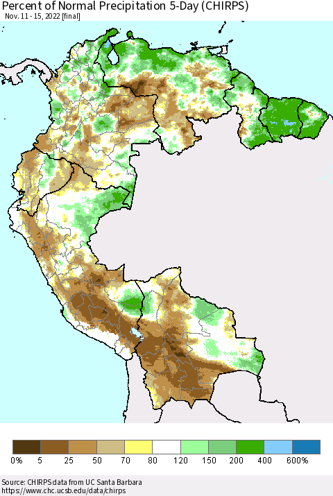 Northern South America Percent of Normal Precipitation 5-Day (CHIRPS) Thematic Map For 11/11/2022 - 11/15/2022