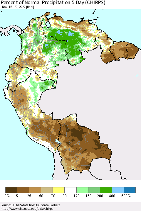 Northern South America Percent of Normal Precipitation 5-Day (CHIRPS) Thematic Map For 11/16/2022 - 11/20/2022
