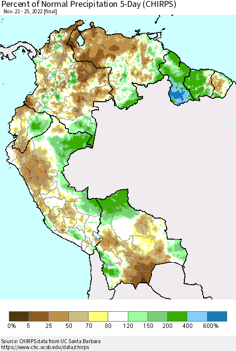 Northern South America Percent of Normal Precipitation 5-Day (CHIRPS) Thematic Map For 11/21/2022 - 11/25/2022