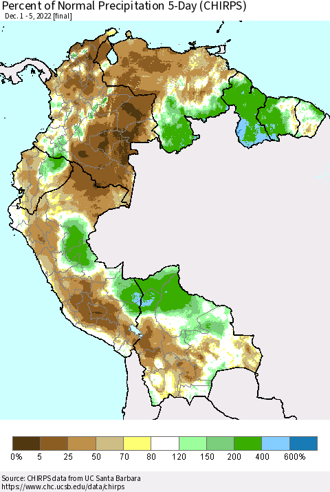 Northern South America Percent of Normal Precipitation 5-Day (CHIRPS) Thematic Map For 12/1/2022 - 12/5/2022
