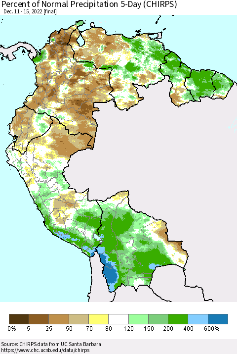 Northern South America Percent of Normal Precipitation 5-Day (CHIRPS) Thematic Map For 12/11/2022 - 12/15/2022