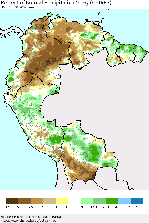 Northern South America Percent of Normal Precipitation 5-Day (CHIRPS) Thematic Map For 12/16/2022 - 12/20/2022