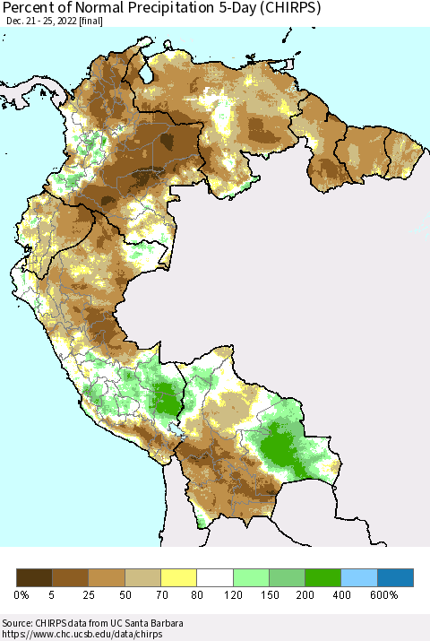 Northern South America Percent of Normal Precipitation 5-Day (CHIRPS) Thematic Map For 12/21/2022 - 12/25/2022