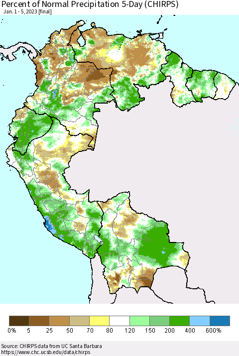 Northern South America Percent of Normal Precipitation 5-Day (CHIRPS) Thematic Map For 1/1/2023 - 1/5/2023