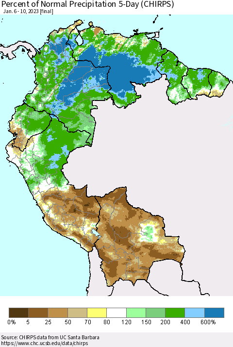 Northern South America Percent of Normal Precipitation 5-Day (CHIRPS) Thematic Map For 1/6/2023 - 1/10/2023