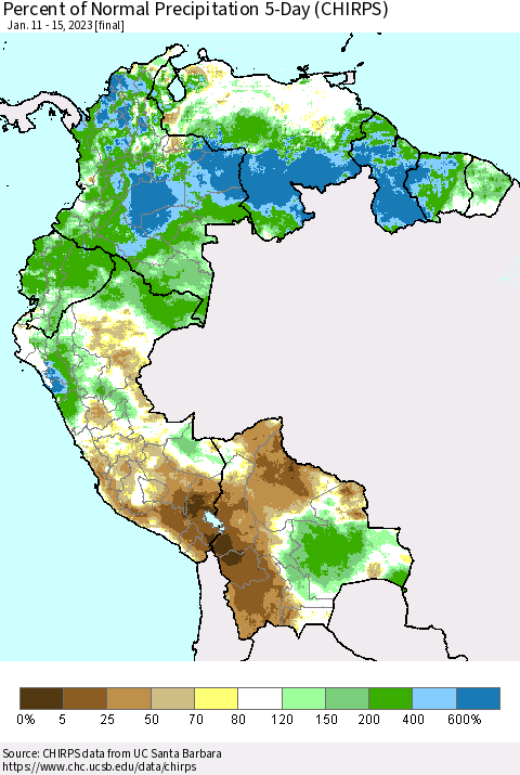 Northern South America Percent of Normal Precipitation 5-Day (CHIRPS) Thematic Map For 1/11/2023 - 1/15/2023