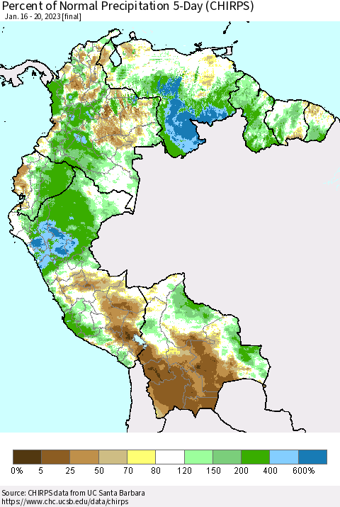 Northern South America Percent of Normal Precipitation 5-Day (CHIRPS) Thematic Map For 1/16/2023 - 1/20/2023