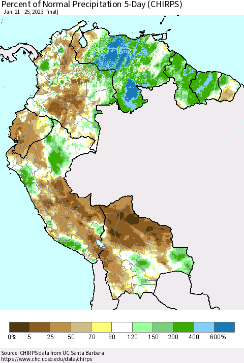 Northern South America Percent of Normal Precipitation 5-Day (CHIRPS) Thematic Map For 1/21/2023 - 1/25/2023