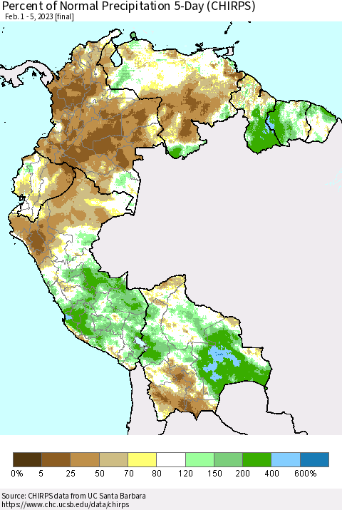 Northern South America Percent of Normal Precipitation 5-Day (CHIRPS) Thematic Map For 2/1/2023 - 2/5/2023