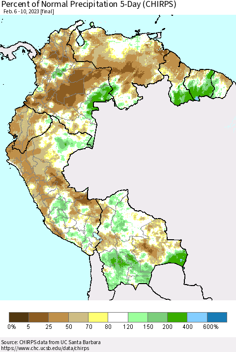Northern South America Percent of Normal Precipitation 5-Day (CHIRPS) Thematic Map For 2/6/2023 - 2/10/2023