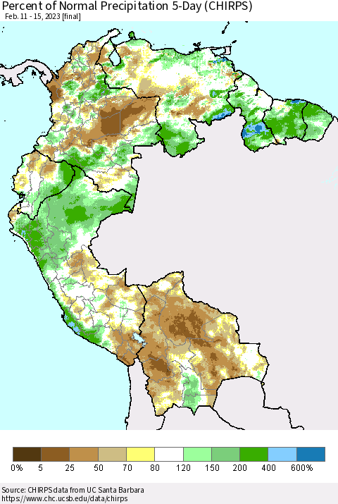 Northern South America Percent of Normal Precipitation 5-Day (CHIRPS) Thematic Map For 2/11/2023 - 2/15/2023