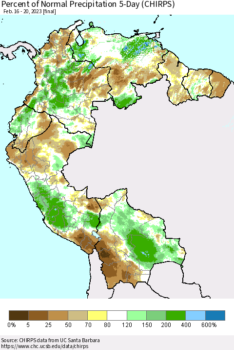 Northern South America Percent of Normal Precipitation 5-Day (CHIRPS) Thematic Map For 2/16/2023 - 2/20/2023