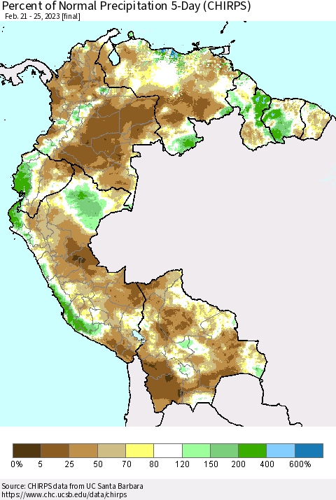 Northern South America Percent of Normal Precipitation 5-Day (CHIRPS) Thematic Map For 2/21/2023 - 2/25/2023