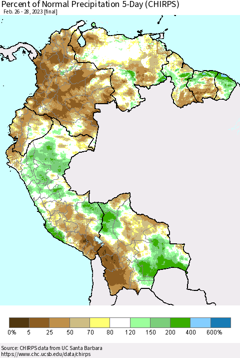 Northern South America Percent of Normal Precipitation 5-Day (CHIRPS) Thematic Map For 2/26/2023 - 2/28/2023