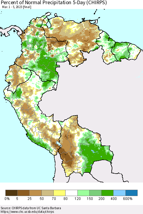 Northern South America Percent of Normal Precipitation 5-Day (CHIRPS) Thematic Map For 3/1/2023 - 3/5/2023