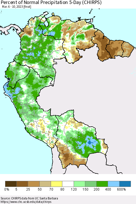 Northern South America Percent of Normal Precipitation 5-Day (CHIRPS) Thematic Map For 3/6/2023 - 3/10/2023