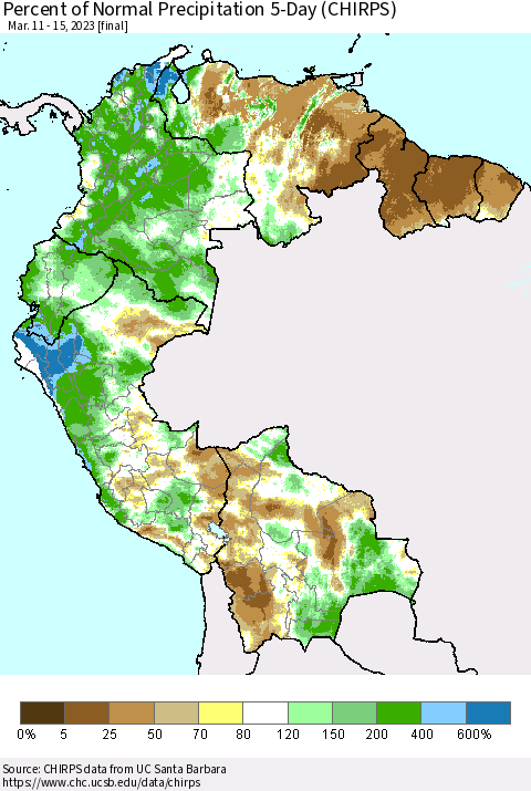 Northern South America Percent of Normal Precipitation 5-Day (CHIRPS) Thematic Map For 3/11/2023 - 3/15/2023