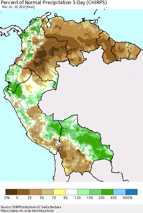 Northern South America Percent of Normal Precipitation 5-Day (CHIRPS) Thematic Map For 3/16/2023 - 3/20/2023