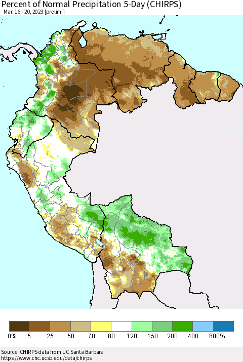 Northern South America Percent of Normal Precipitation 5-Day (CHIRPS) Thematic Map For 3/16/2023 - 3/20/2023