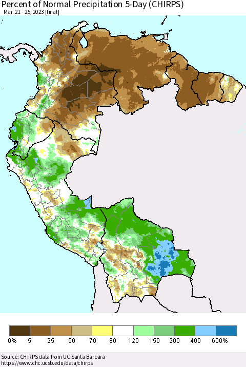 Northern South America Percent of Normal Precipitation 5-Day (CHIRPS) Thematic Map For 3/21/2023 - 3/25/2023