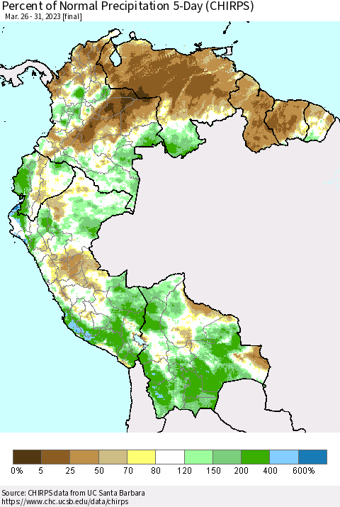 Northern South America Percent of Normal Precipitation 5-Day (CHIRPS) Thematic Map For 3/26/2023 - 3/31/2023
