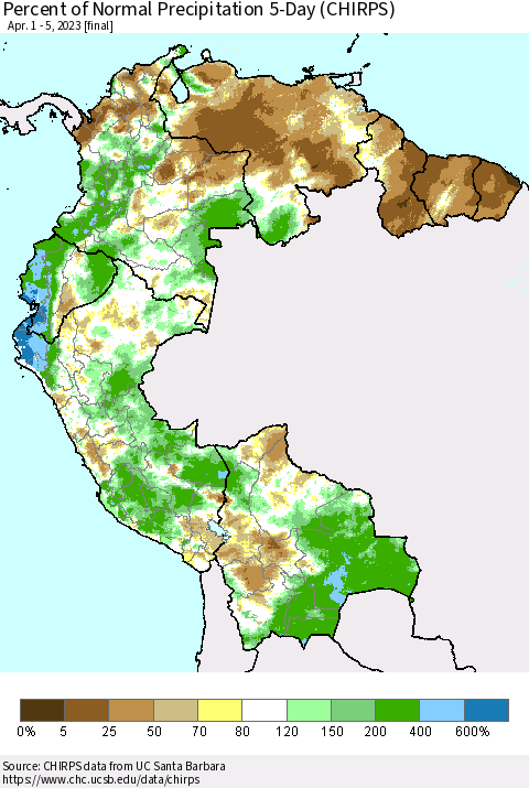 Northern South America Percent of Normal Precipitation 5-Day (CHIRPS) Thematic Map For 4/1/2023 - 4/5/2023