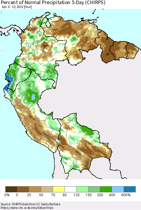 Northern South America Percent of Normal Precipitation 5-Day (CHIRPS) Thematic Map For 4/6/2023 - 4/10/2023