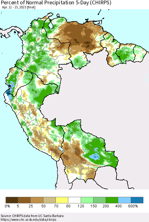 Northern South America Percent of Normal Precipitation 5-Day (CHIRPS) Thematic Map For 4/11/2023 - 4/15/2023