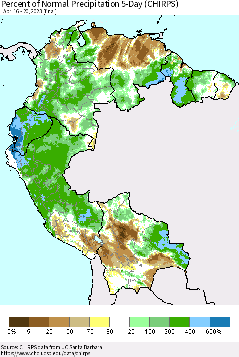 Northern South America Percent of Normal Precipitation 5-Day (CHIRPS) Thematic Map For 4/16/2023 - 4/20/2023