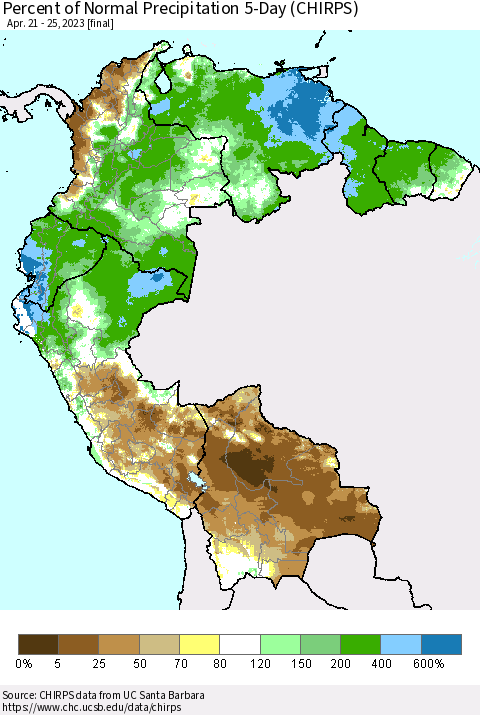 Northern South America Percent of Normal Precipitation 5-Day (CHIRPS) Thematic Map For 4/21/2023 - 4/25/2023