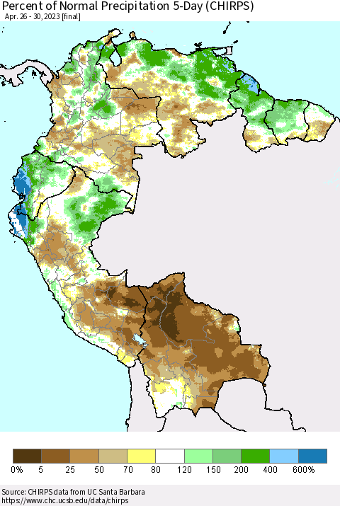 Northern South America Percent of Normal Precipitation 5-Day (CHIRPS) Thematic Map For 4/26/2023 - 4/30/2023