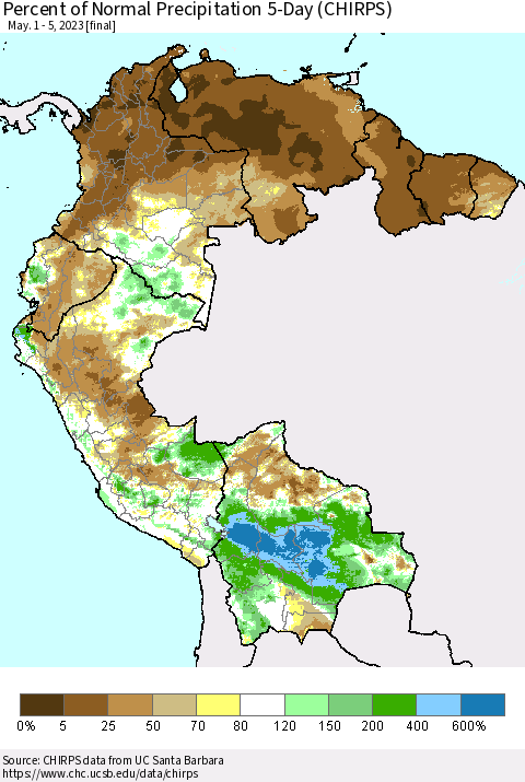 Northern South America Percent of Normal Precipitation 5-Day (CHIRPS) Thematic Map For 5/1/2023 - 5/5/2023
