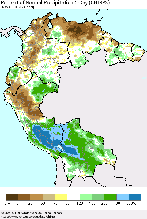 Northern South America Percent of Normal Precipitation 5-Day (CHIRPS) Thematic Map For 5/6/2023 - 5/10/2023
