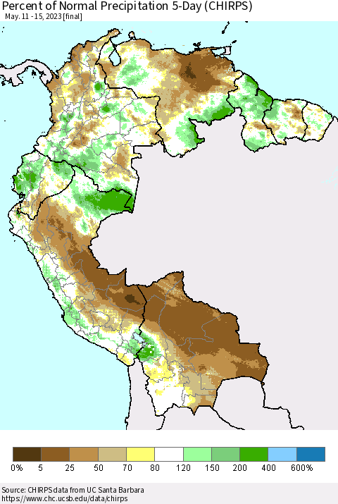 Northern South America Percent of Normal Precipitation 5-Day (CHIRPS) Thematic Map For 5/11/2023 - 5/15/2023