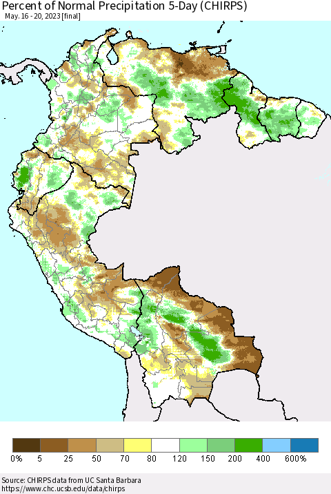 Northern South America Percent of Normal Precipitation 5-Day (CHIRPS) Thematic Map For 5/16/2023 - 5/20/2023