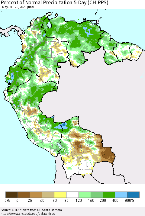 Northern South America Percent of Normal Precipitation 5-Day (CHIRPS) Thematic Map For 5/21/2023 - 5/25/2023