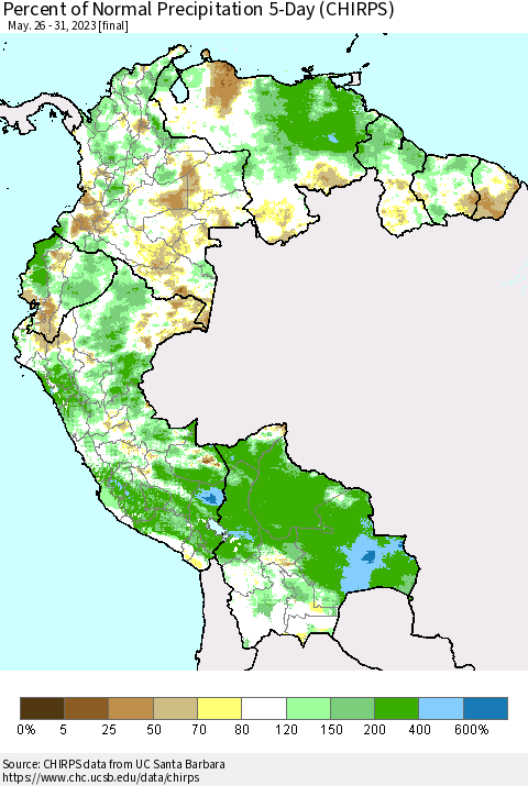 Northern South America Percent of Normal Precipitation 5-Day (CHIRPS) Thematic Map For 5/26/2023 - 5/31/2023