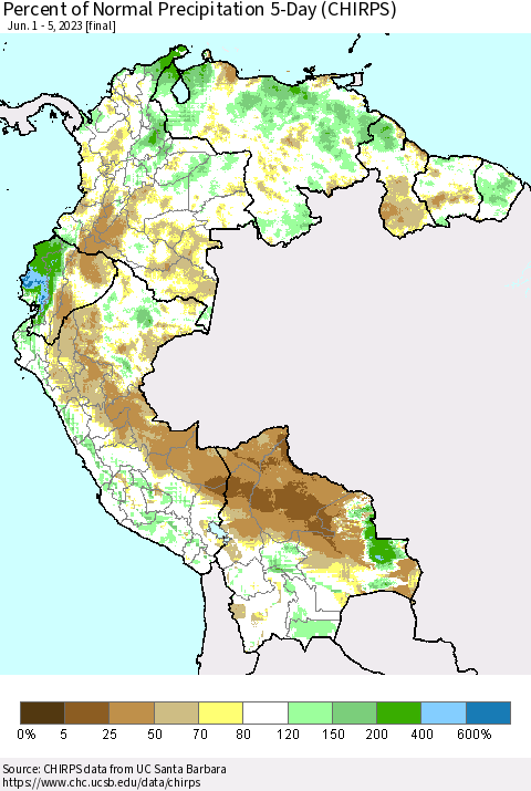 Northern South America Percent of Normal Precipitation 5-Day (CHIRPS) Thematic Map For 6/1/2023 - 6/5/2023