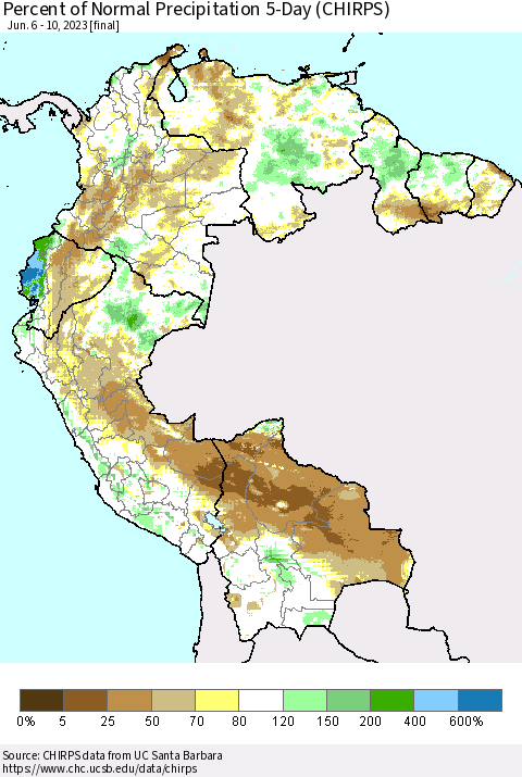 Northern South America Percent of Normal Precipitation 5-Day (CHIRPS) Thematic Map For 6/6/2023 - 6/10/2023