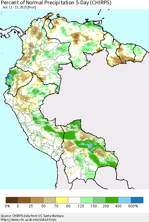 Northern South America Percent of Normal Precipitation 5-Day (CHIRPS) Thematic Map For 6/11/2023 - 6/15/2023