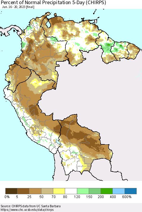 Northern South America Percent of Normal Precipitation 5-Day (CHIRPS) Thematic Map For 6/16/2023 - 6/20/2023