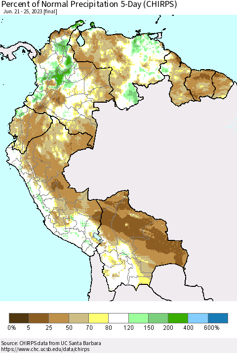 Northern South America Percent of Normal Precipitation 5-Day (CHIRPS) Thematic Map For 6/21/2023 - 6/25/2023