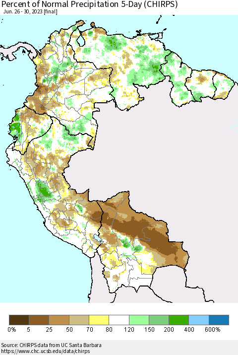 Northern South America Percent of Normal Precipitation 5-Day (CHIRPS) Thematic Map For 6/26/2023 - 6/30/2023