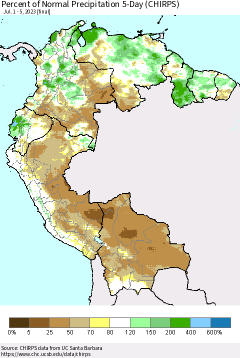 Northern South America Percent of Normal Precipitation 5-Day (CHIRPS) Thematic Map For 7/1/2023 - 7/5/2023